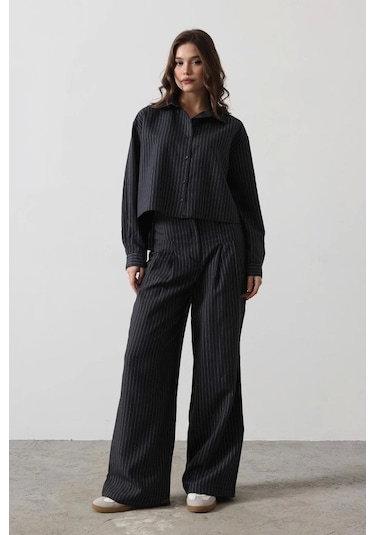 Çizgili Gömlek Pantolon Takım - Lacivert Lacivert