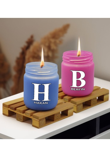 Bk Gift Kişiye Özel Dtf İsimli 2 Li Mavi Ve Pembe Renkli Cam Kavanozda Kokulu Mum-2, Arkadaşa Hediye, Sevgiliye Hediye