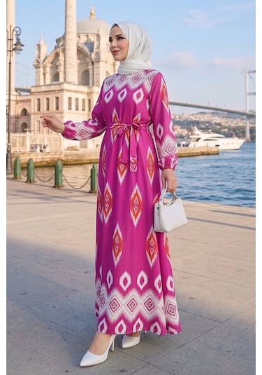 Bestenur Alera Desenli Viskon Elbise 1720 - Pembe
