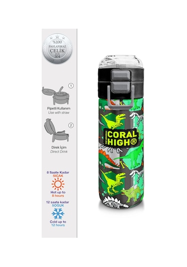 Coral High Kids Gri Yeşil Dinozor Desenli Pipetli Ve Direkt İçim Çelik Termos 500 Ml 31976 Gri - Yeşil