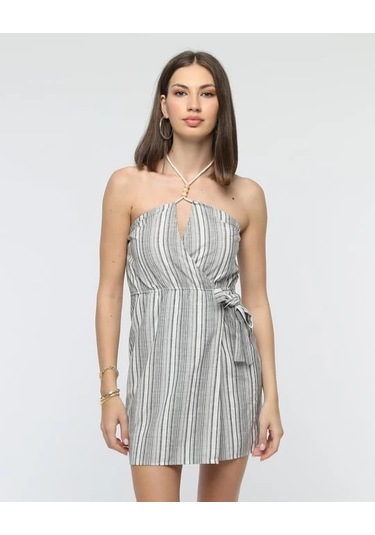 Evyora Kuşaklı Çizgili Mini Keten Elbise Gri