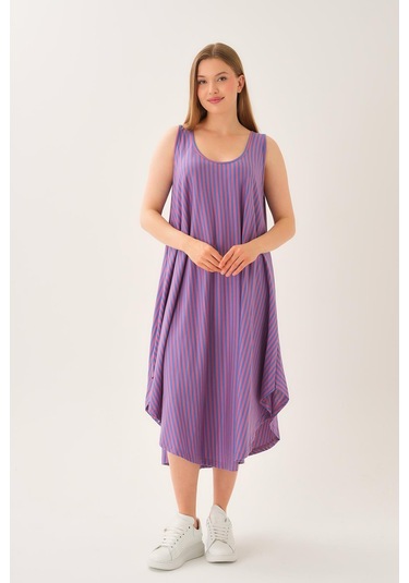 Asimetrik Kesim Çizgili Kolsuz Elbise Mor