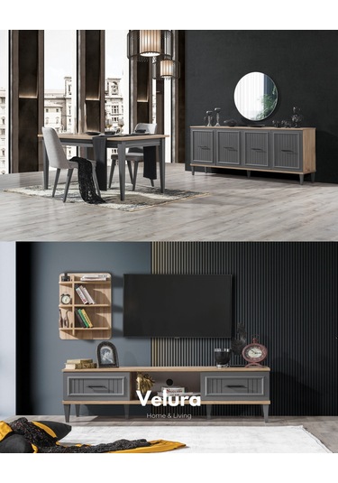 Cloud Yemek Odası Takımı Yemek Masası + 4 Adet Sandalye Antrasit - Ceviz