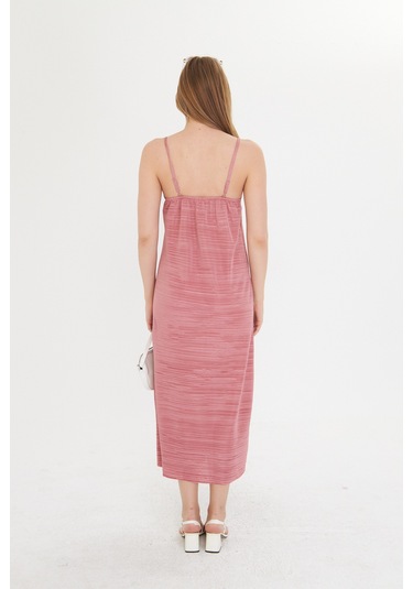 Gülkurusu Kadın Askılı Piliseli Elbise Gül Kurusu