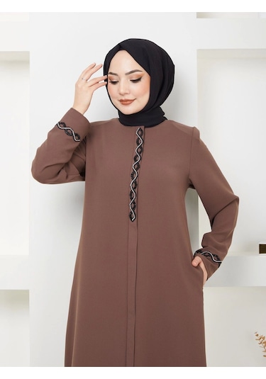 Nevayla Moda Büyük Beden Taş Detaylı Ferace Taba