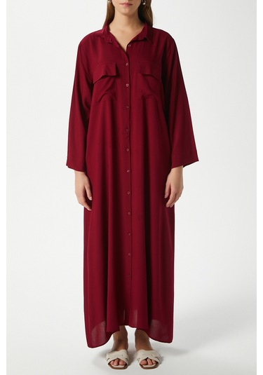 Prive Kadın Plain Bordo %100 Viskon Maksi Boy Cepli Yazlık Uzun Elbise