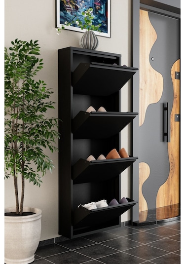 4 Kapaklı Metal Ayakkabılık Siyah Siyah