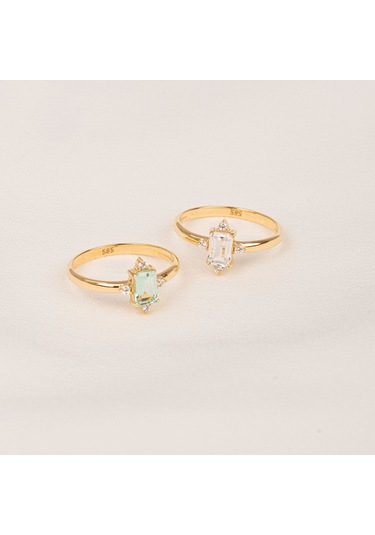 Gümüş Yüzük - Octagon Kesim Su Yeşili Taşlı 0.95 Karat Pırlanta Montürü 925 Ayar Gümüş Yüzük Sarı