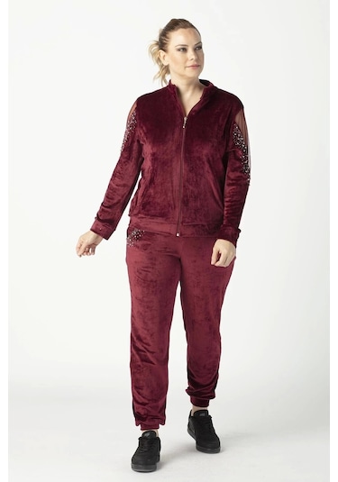 1950 Kolları Taşlı Tam Kalıp Tarz Kadife Büyük Beden Eşofman Takım Bordo Bordo