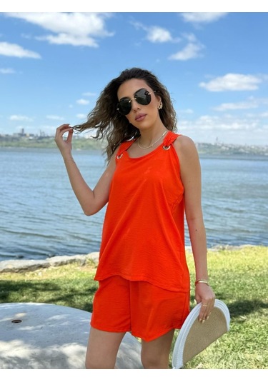 Modaserdem Kadın Kolsuz V Yaka Kuş Gözü Detay Bluz Short Aerobin Ikili Takım Turuncu