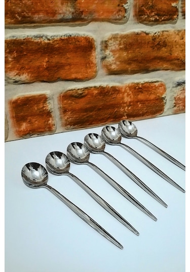 Paslanmaz Çelik 18/10 Uzun Sap Tatlı Kaşığı - 6 Adet - Sade Gümüş