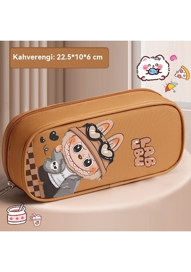 İlkokul Öğrencilerinin Labubu Çizgi Film Çift Katlı Basit Büyük Kapasiteli Kalem Kutusu Kahverengi