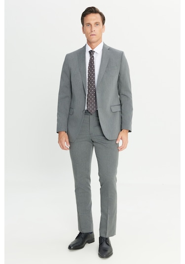 Erkek Grı Slim Fit Dar Kesim Mono Yaka Takım Elbise Gri