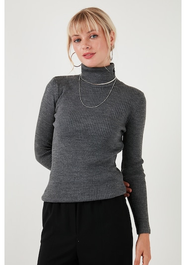 Lela Fitilli Regular Fit Balıkçı Yaka Soft Akrilik Bayan Kazak 4614102 Kar Gri Lela Fitilli Regular Fit Balıkçı Yaka Soft Akrilik Bayan Kazak 4614102 Kar Gri