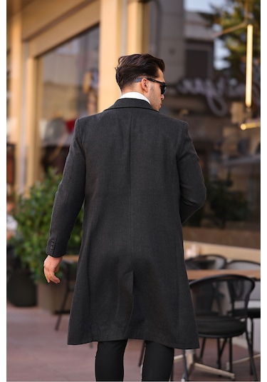 Erkek Antrasit Dar Kesim Uzun Yün Karışımlı Kaşe Kaban Antrasit