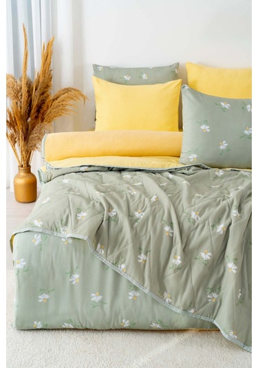 Yeşil Papatya Çift Kişilik Nevresimli Pike Takımı - 7 Parça Çeyiz Seti Yeşil