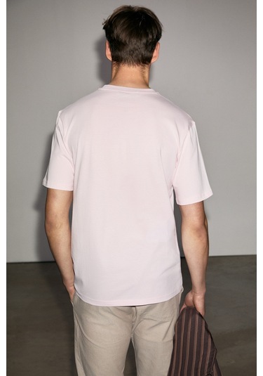 Grimelange Grımelange Solo Erkek %100 Organik Pamuklu Kalın Dokulu Comfort Fit Bisiklet Yakalı Pembe T-shirt