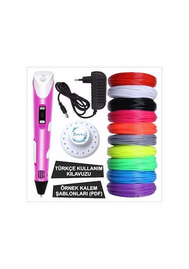 Pembe Renk 3d Kalem + 10 Renk Toplam 100 Metre Pla Filament + Şablon