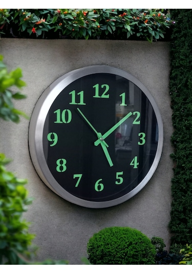 Fosforlu Gece Karanlıkta Parlayan Metal Duvar Saati Çap 30 Cm Siyah