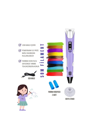 Mor 3D Kalem 3D Pen Yazıcı Kalem – 10 Adet 5 Metrelik PLA Filament (Toplam 50M) + USB Kablo