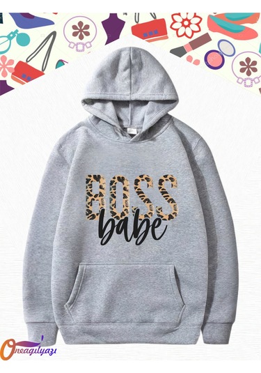 Boss Leopar Kadın Sweatshirt Hoodie Gri