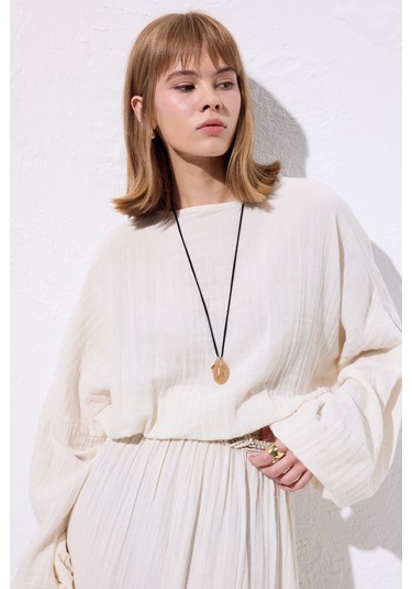 Müslin Beli Büzgülü Elbise Ekru Ekru