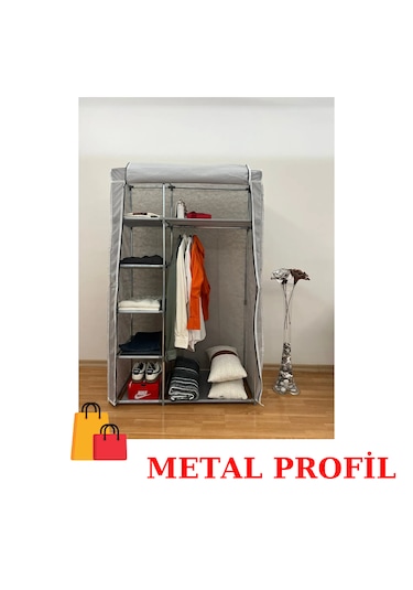 Beyazpazar Bez Dolap Metal Profil Yeni Gardırop Fermuarlı Gri