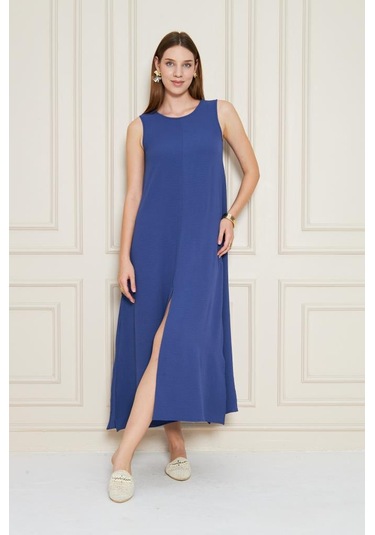 Kadın Sıfır Kol Aerobin Kumaş A Kesim Yırtmaçlı Maxi Yazlık Elbise 3760330 İndigo
