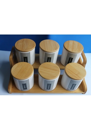 Bambu Standlı 6'lı Baharat Seti Beyaz