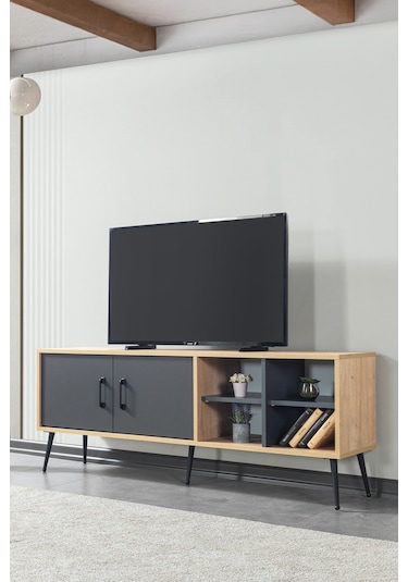 3609 Şile Metal Ayaklı Metal Kulplu 160 Cm Tv Ünitesi Antrasit - Safir Antrasit - Safir