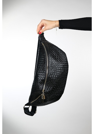 Luvishoes Venta Siyah Örgü Kadın Büyük Bel Çantası Siyah