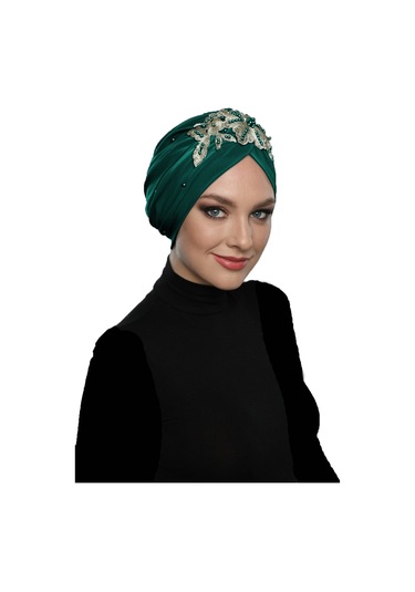 Kopma Astarlı İşlemeli Yeşil Sarı Dantel Motifli Hazır Türban Tesettür Abiye Bone Yeşil - Sarı