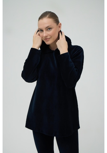 Kadın Uzun Kol Kapüşonlu Kadife Taytlı Lacivert Eşofman Takım C0t2n0o12 001