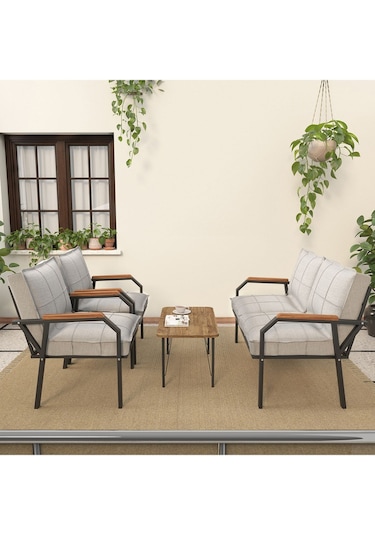 Mygusi Hayal Balkon, Bahçe, Cafe - Metal Kanepe Koltuk Takımı 2+1+1 Sehaplı Açık Gri