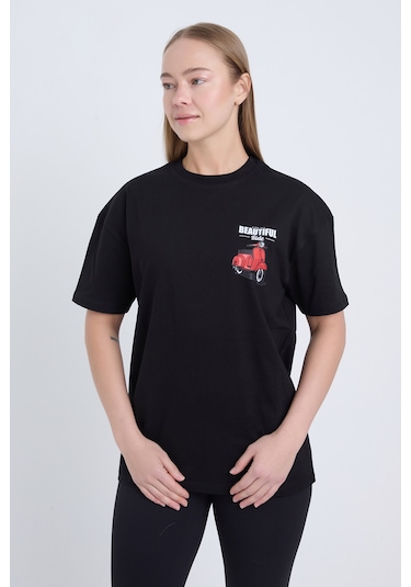 Velvoria Unisex Oversize Beautıful Ride Baskılı Siyah Renk T-shirt