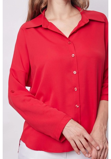Likrasız Şık Kumaş Yakalı Sırt Dekolteli Uzun Kol Apoletli Gömlek-kırmızı Kırmızı