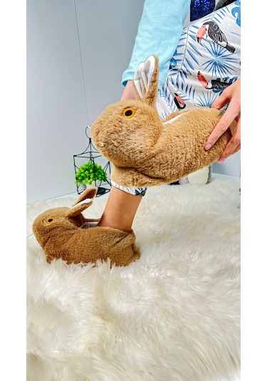 Kadın Panduf Tavşan Figürlü Peluş Ev Botu Desenli Düz Taban Rahat Hafif 359 Kahve