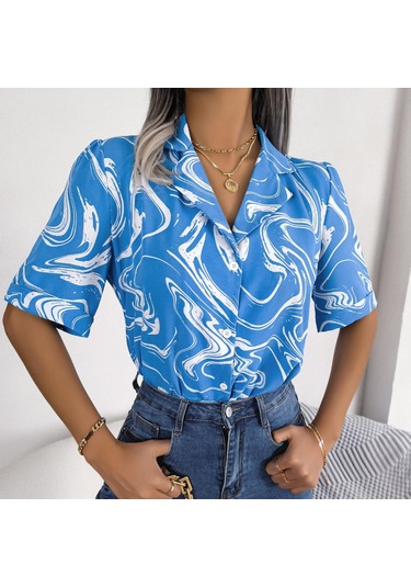 Gmxıa Kadın Modası Rahat Kısa Kollu Takım Yaka Bluzlar Ve Gömlekler Renk Kontrastı Bol Gömlek Mavi