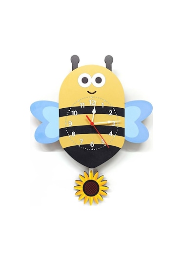 Cajuart Sallanan Sarkaçlı Ahşap Arı Çiçek Çocuk Odası Duvar Saati Ahşap - Renkli
