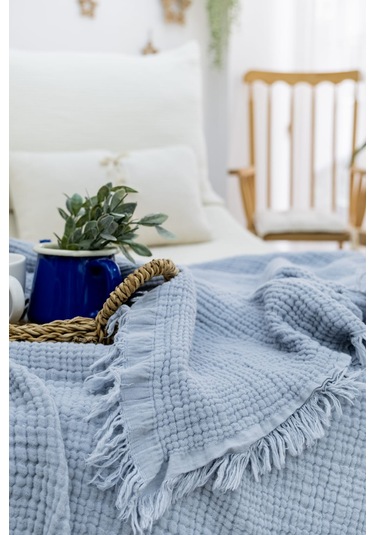 4 Katlı Müslin Yatak Örtüsü - Bebek Mavisi Renk Çift Kişilik Pike Açık Mavi