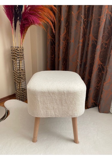 Kare Kesim Ahşap Ayaklı Teddy Kumaş Dekoratif Beyaz Renk Puf