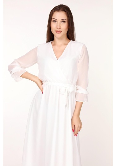 Kadın Kuşaklı Uzun Şifon Elbise Dpkts003 Beyaz