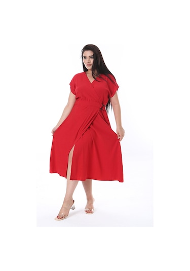 Kadın Büyük Beden Kırmızı Bürümcük Kumaş Beli Tokalı Anvelop Elbise 65n38314-kırmızı Kırmızı