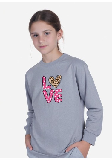 Fyk Kids Kids Yuvarlak Yaka Kız Çocuk Üst-baskılı Sweatshirt Gri