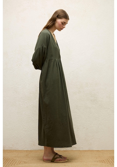 Manuka Pamuklu Kruvaze Elbise Zümrüt