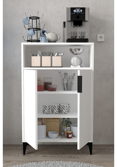 1201 Ada Çok Amaçlı Dolap , Kahve Köşesi , Kiler Dolabı , Mutfak Standı 2 Kapılı 4 Bölmeli - Beyaz Beyaz