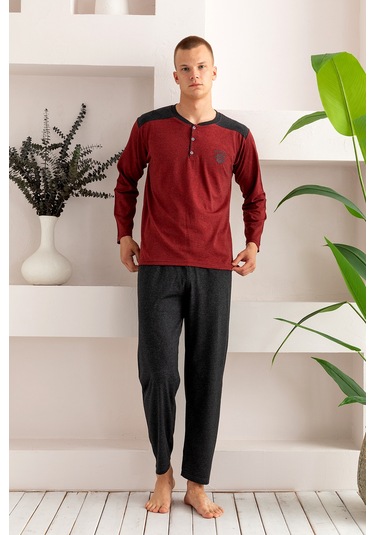 Nisanca Pamuklu Uzun Kollu Erkek Pijama Takımı Bordo