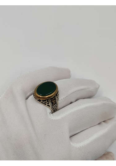 Yeşil Akik Taşlı Düz Kesim Erkek Yüzüğü 26 Mm 925 Ayar Gümüş Yüzü