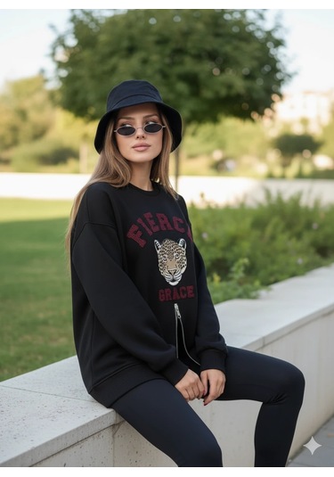 Fermuarlı Leopar Baskılı Oversize Siyah Sweat Siyah