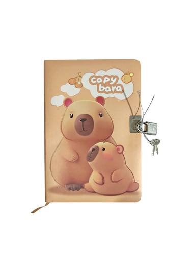 Capybara Hatıra Defteri Günlük Kilitli Defter 80 Yaprak - Sevimli Kahverengi